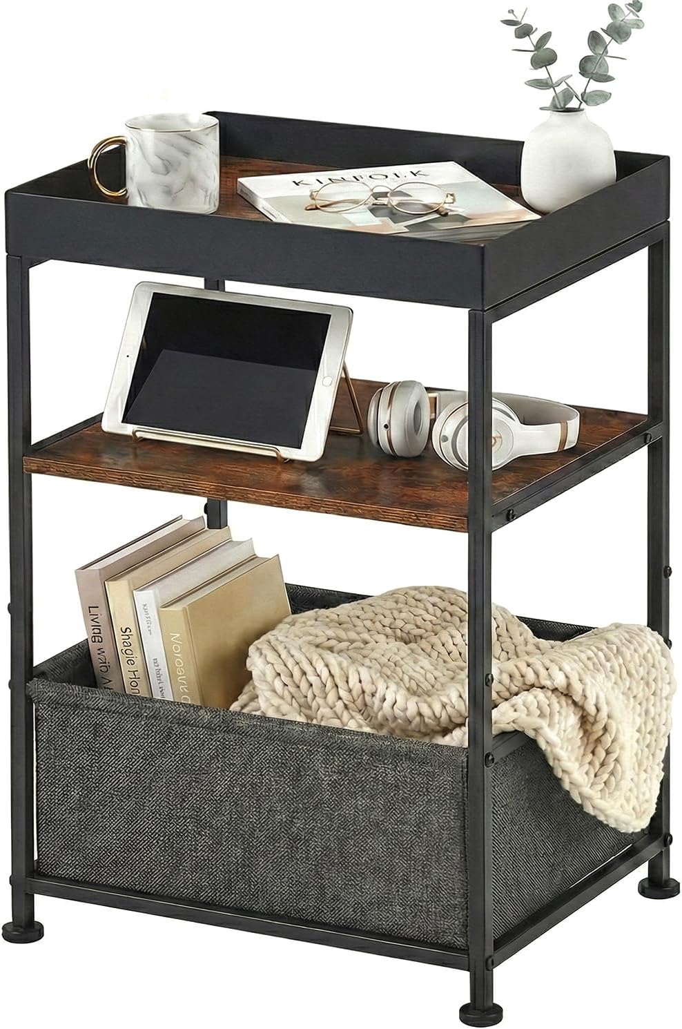 Industrial Narrow Side Table with Storage, 3 Tier End Table with Fabric Bin & Tray Top for Living Room, Narrow Nightstand Slim Bedside Table for Bedroom, Small Spaces, Rustic Brown
