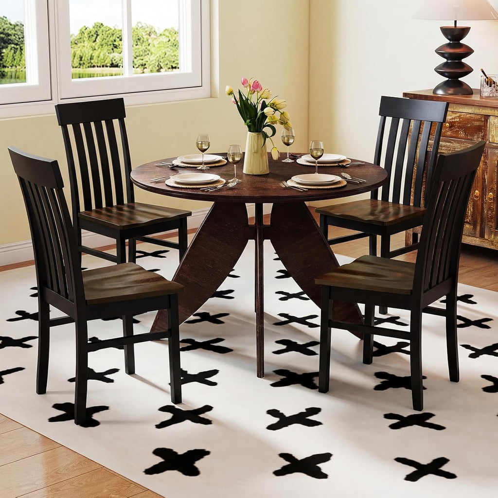 Giantex Wooden Dining Chairs Set of 4, Farmhouse Kitchen Chair with Hollowed Backrests & Rubber Wood Seats, Rustic Wood Side Chairs for Home Living Room Restaurant, Black+Walnut