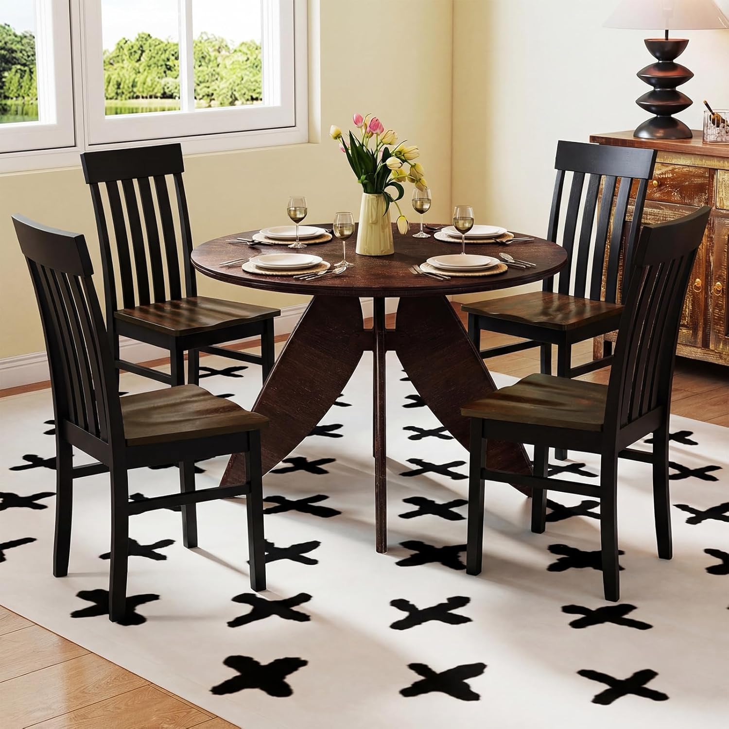 Giantex Wooden Dining Chairs Set of 4, Farmhouse Kitchen Chair with Hollowed Backrests & Rubber Wood Seats, Rustic Wood Side Chairs for Home Living Room Restaurant, Black+Walnut