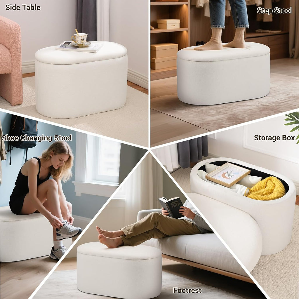 Oval Ottoman with Storage for Living Room, Modern Linen Fabric Foot Stools Ottoman, Upholstered Vanity Stool Foot Rest, Small White Storage Bench for Bedroom, Entryway, Dorm