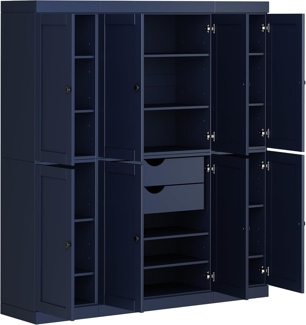Palace Imports Solid Wood Pantry Cabinet – 71.5" Tall x 65" W - Wooden Storage Cabinet w/ 8 Shaker Doors, 2 Drawers, 12 Adjustable Shelves - Kitchen Cupboard - Navy Blue, 100% Eco-Friendly Pine Wood