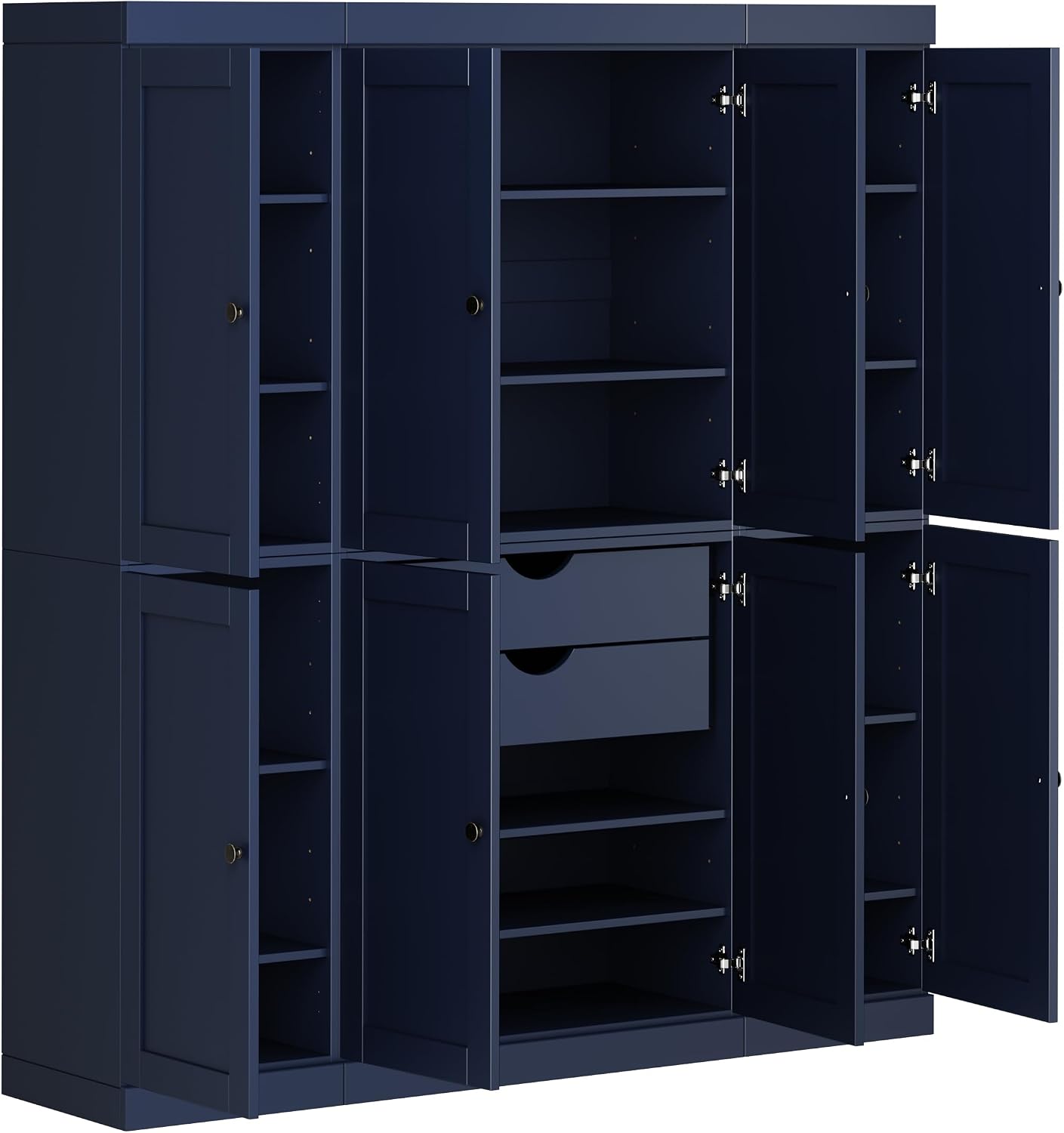 Palace Imports Solid Wood Pantry Cabinet – 71.5" Tall x 65" W - Wooden Storage Cabinet w/ 8 Shaker Doors, 2 Drawers, 12 Adjustable Shelves - Kitchen Cupboard - Navy Blue, 100% Eco-Friendly Pine Wood