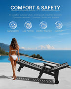 Patio Chaise Lounge Chair Set of 2, Oversize Lounge Chairs with Wood Texture& Rolling Wheels, HDPE 6-Position Plastic Lounge Chairs for Poolside, Patio, Deck, Beach,Black