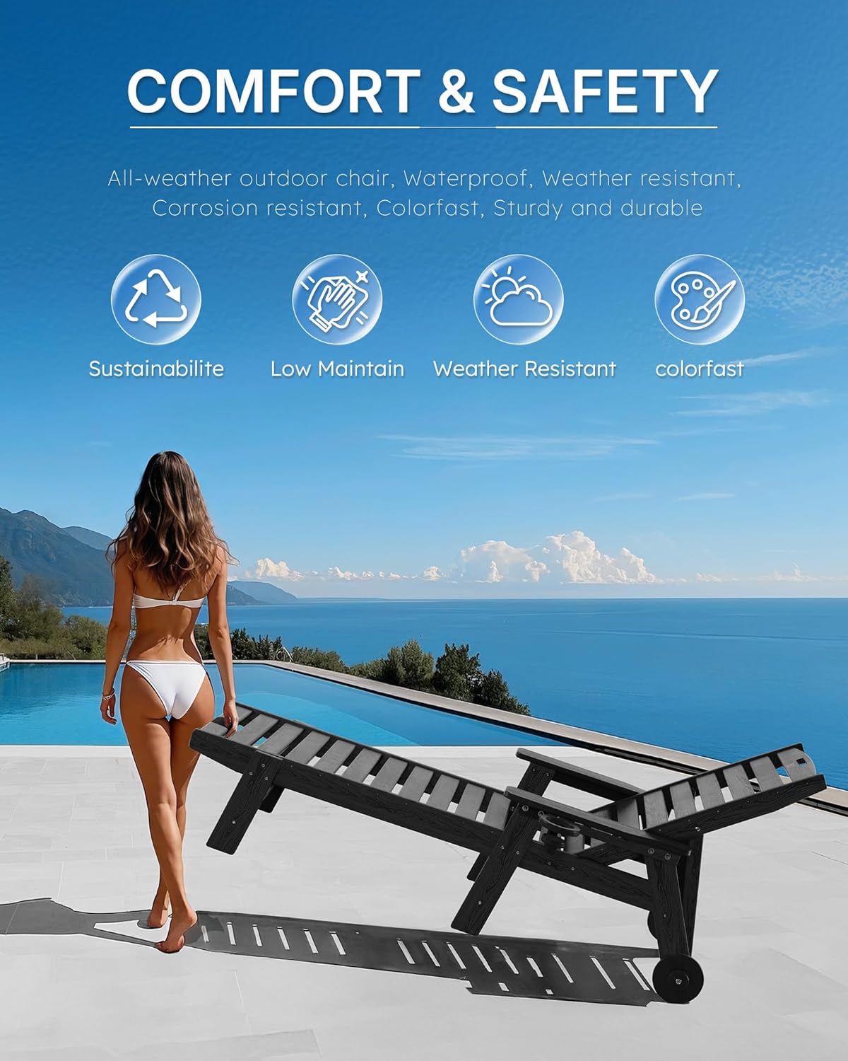 Patio Chaise Lounge Chair Set of 2, Oversize Lounge Chairs with Wood Texture& Rolling Wheels, HDPE 6-Position Plastic Lounge Chairs for Poolside, Patio, Deck, Beach,Black