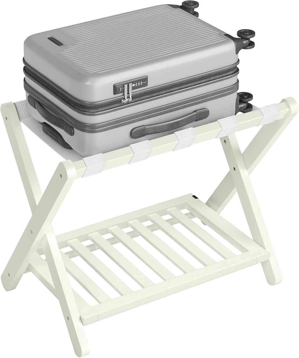 SONGMICS Solid Wood Luggage Rack, No Assembly Required, Foldable Suitcase Stand, Luggage Holder, with Storage Shelf, for Guest Room, Hotel, Bedroom, Cream White URLR020WZ02S