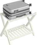 SONGMICS Solid Wood Luggage Rack, No Assembly Required, Foldable Suitcase Stand, Luggage Holder, with Storage Shelf, for Guest Room, Hotel, Bedroom, Cream White URLR020WZ02S
