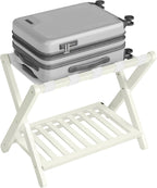 SONGMICS Solid Wood Luggage Rack, No Assembly Required, Foldable Suitcase Stand, Luggage Holder, with Storage Shelf, for Guest Room, Hotel, Bedroom, Cream White URLR020WZ02S