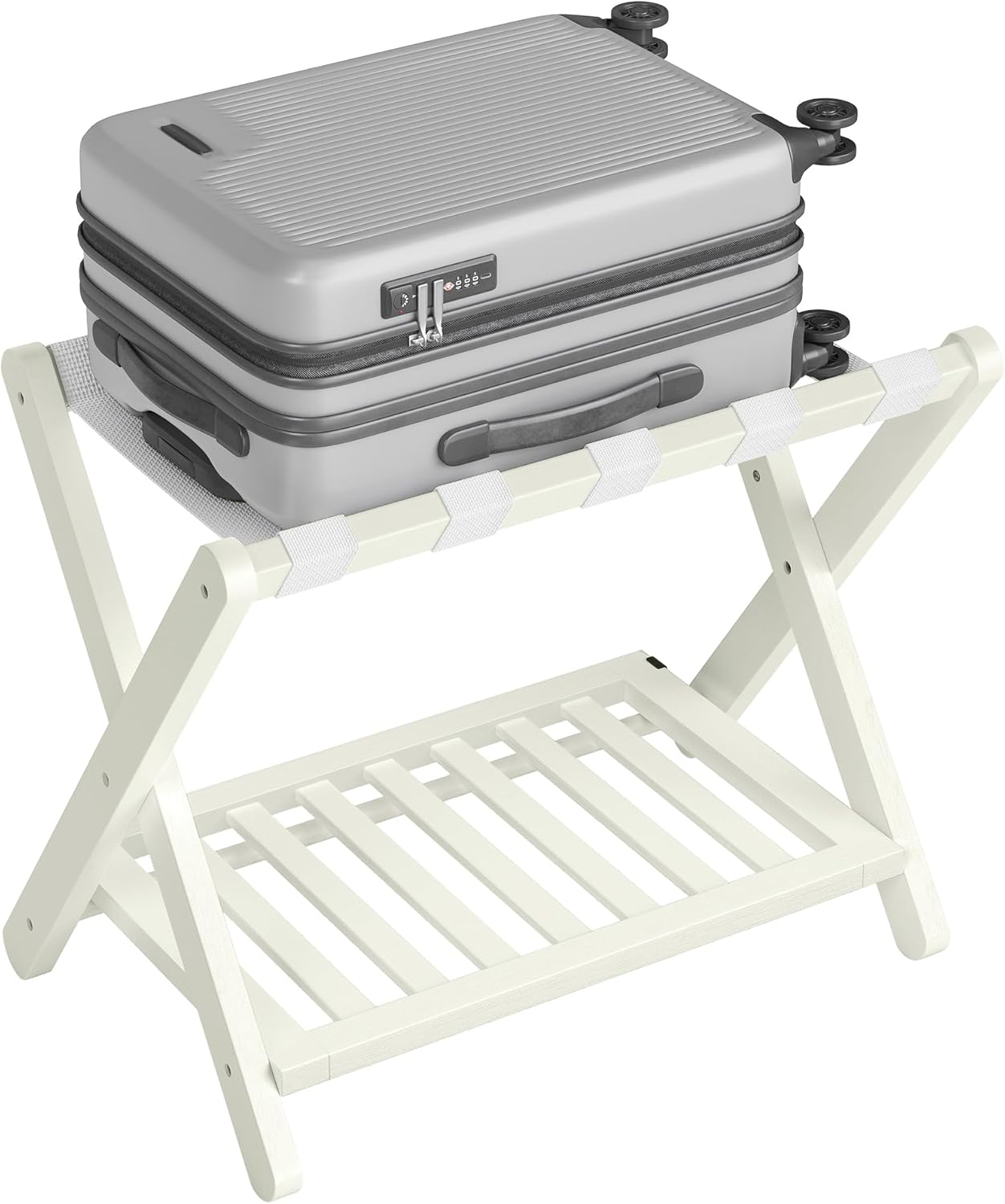 SONGMICS Solid Wood Luggage Rack, No Assembly Required, Foldable Suitcase Stand, Luggage Holder, with Storage Shelf, for Guest Room, Hotel, Bedroom, Cream White URLR020WZ02S