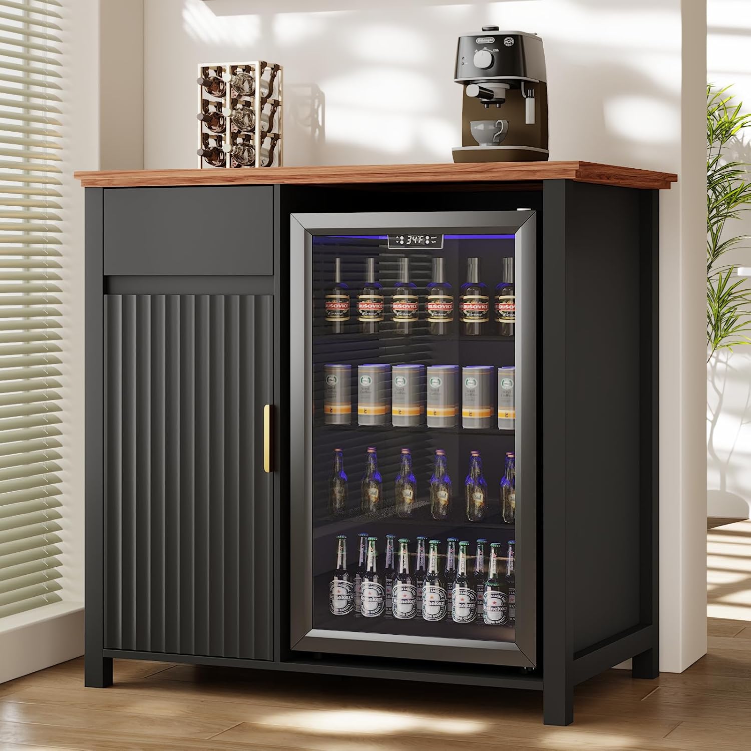 Mini Fridge Cabinet with Charging Station, Modern Fluted Coffee Bar Cabinet with Beverage and Wine Storage, Compact Coffee Bar with Mini Fridge Space for Kitchen, Dining Room or Living Room