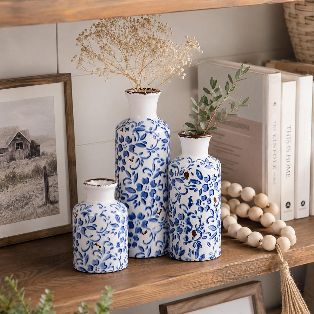Blue and White Ceramic Vase Set of 3 – Vintage Floral Porcelain Pottery Vases, Rustic Decorative Vases for Flowers, Farmhouse Chinoiserie Home Decor, Table, Mantel, Living Room & Shelf Centerpieces