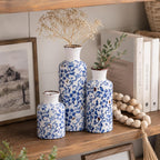 Blue and White Ceramic Vase Set of 3 – Vintage Floral Porcelain Pottery Vases, Rustic Decorative Vases for Flowers, Farmhouse Chinoiserie Home Decor, Table, Mantel, Living Room & Shelf Centerpieces