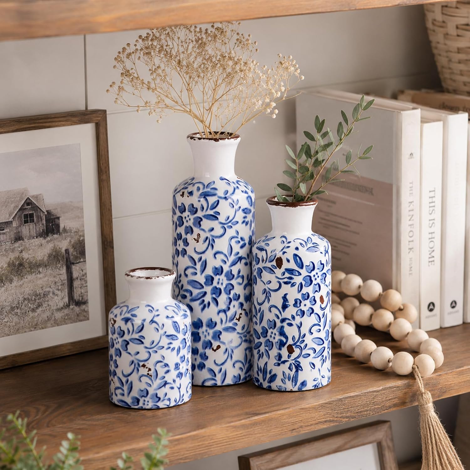 Blue and White Ceramic Vase Set of 3 – Vintage Floral Porcelain Pottery Vases, Rustic Decorative Vases for Flowers, Farmhouse Chinoiserie Home Decor, Table, Mantel, Living Room & Shelf Centerpieces