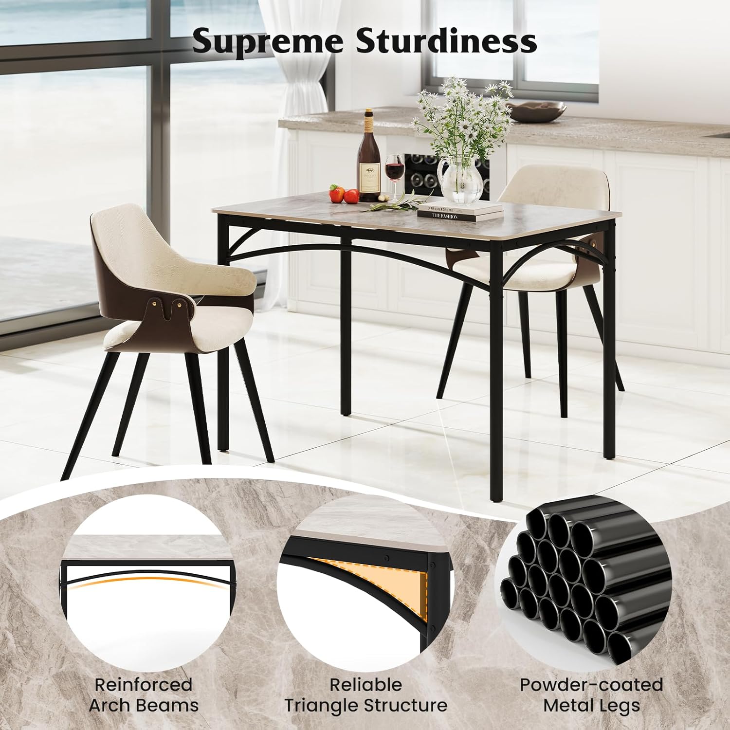 GOFLAME 43” Sintered Stone Dining Table for 4, Rectangular Kitchen Table with Faux Marble Tabletop and Metal Frame, Modern Dining Room Table for Kitchen, Living Room, Restaurant