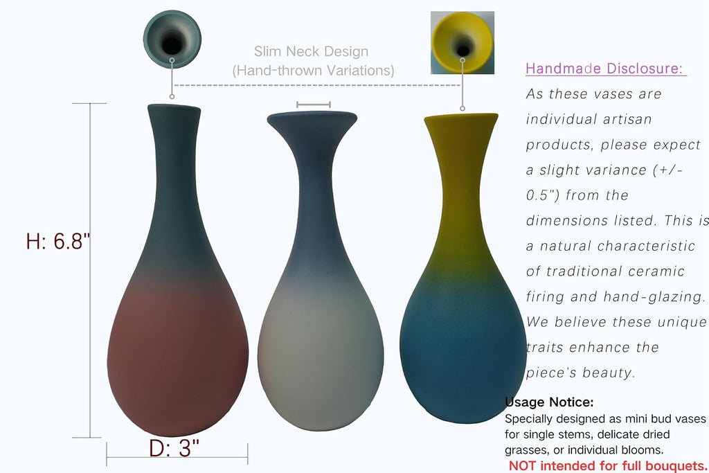 Handmade Ceramic Bud Vases Set of 3, Gradient Ombre Colors, Matte Frosted Finish, Teardrop Shape with Narrow Necks, Modern Minimalist Decor