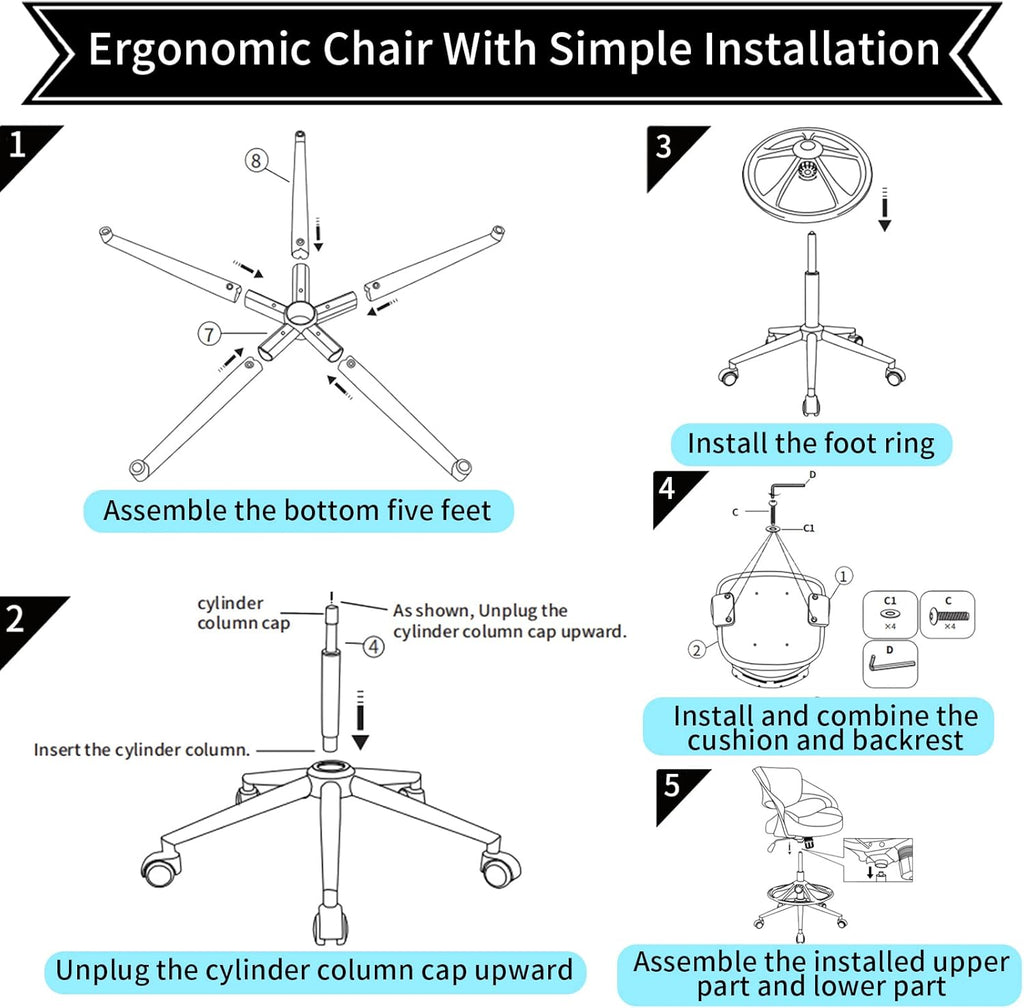 Ergonomic Drafting Chair,Standing Computer Desk Chair,Foot Ring,Lumbar Support,Swivel Task Chair -Grey