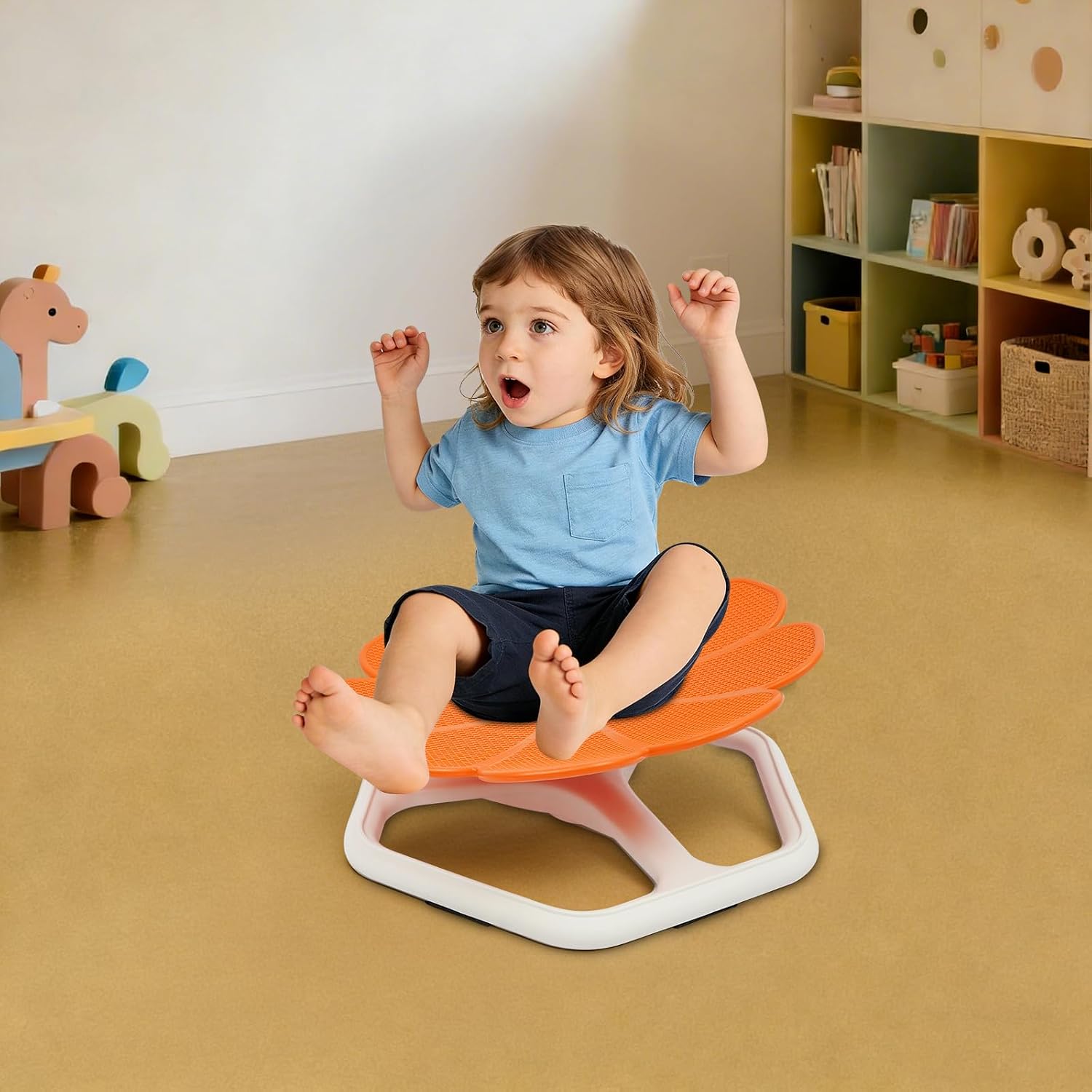 Kids Sensory Swivel Chair, 330 lbs Flower Shape 360° Spinning Seat for Autistic Kids & ADHD Children, Sit and Spin Toy for Balance Coordination, Non-Slip Silicone Base (Orange)