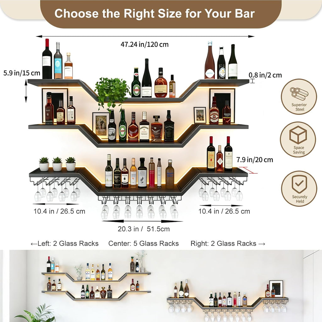 47.2-inch/120cm Metal Wall Mount Wine Rack, 3-tiers Modern Wall Bar Shelf with Wine Glass Rack, Floating Liquor Shelf with LED Lights, Bottle Display Wine Storage Shelves for Home Bar Coffee Shop