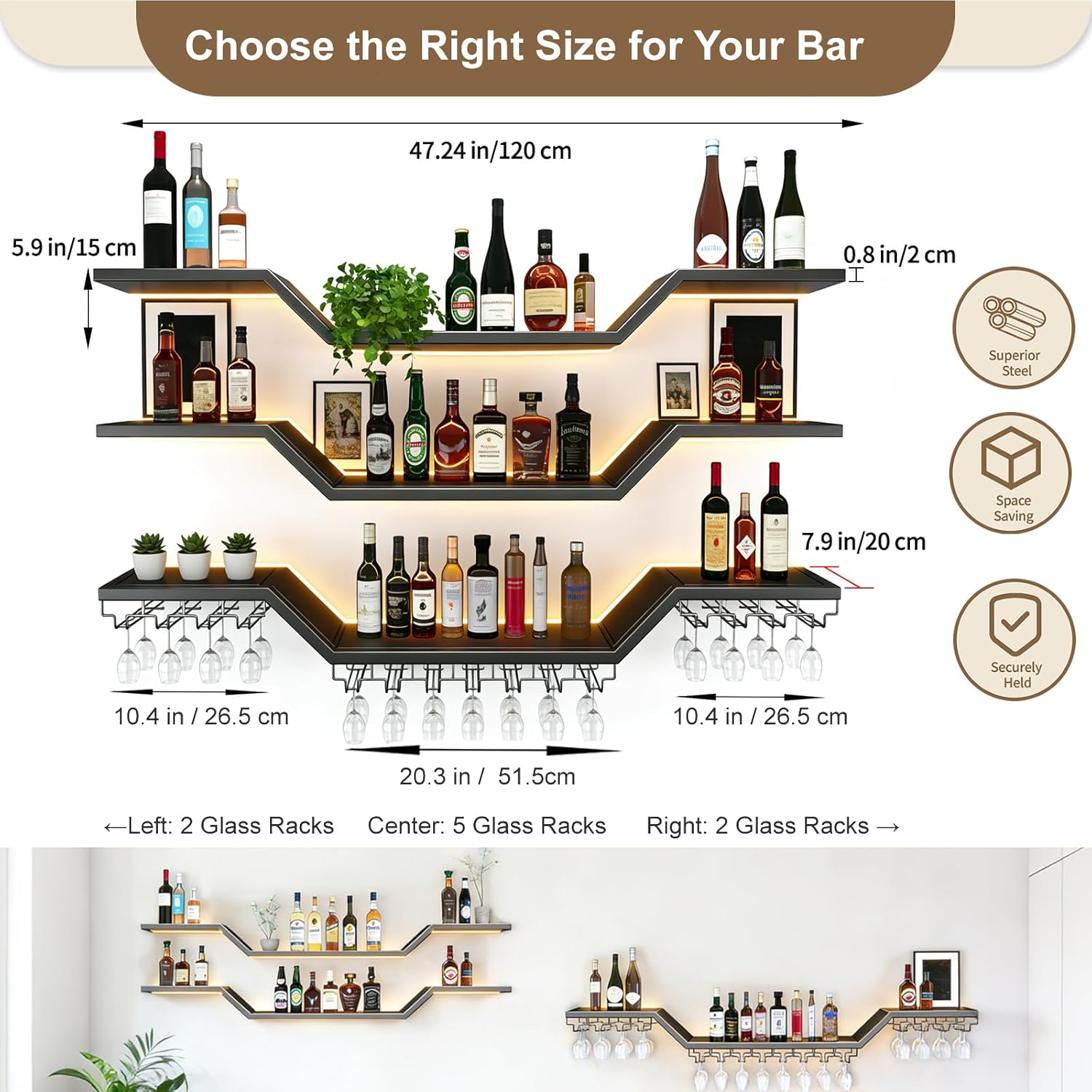 47.2-inch/120cm Metal Wall Mount Wine Rack, 3-tiers Modern Wall Bar Shelf with Wine Glass Rack, Floating Liquor Shelf with LED Lights, Bottle Display Wine Storage Shelves for Home Bar Coffee Shop