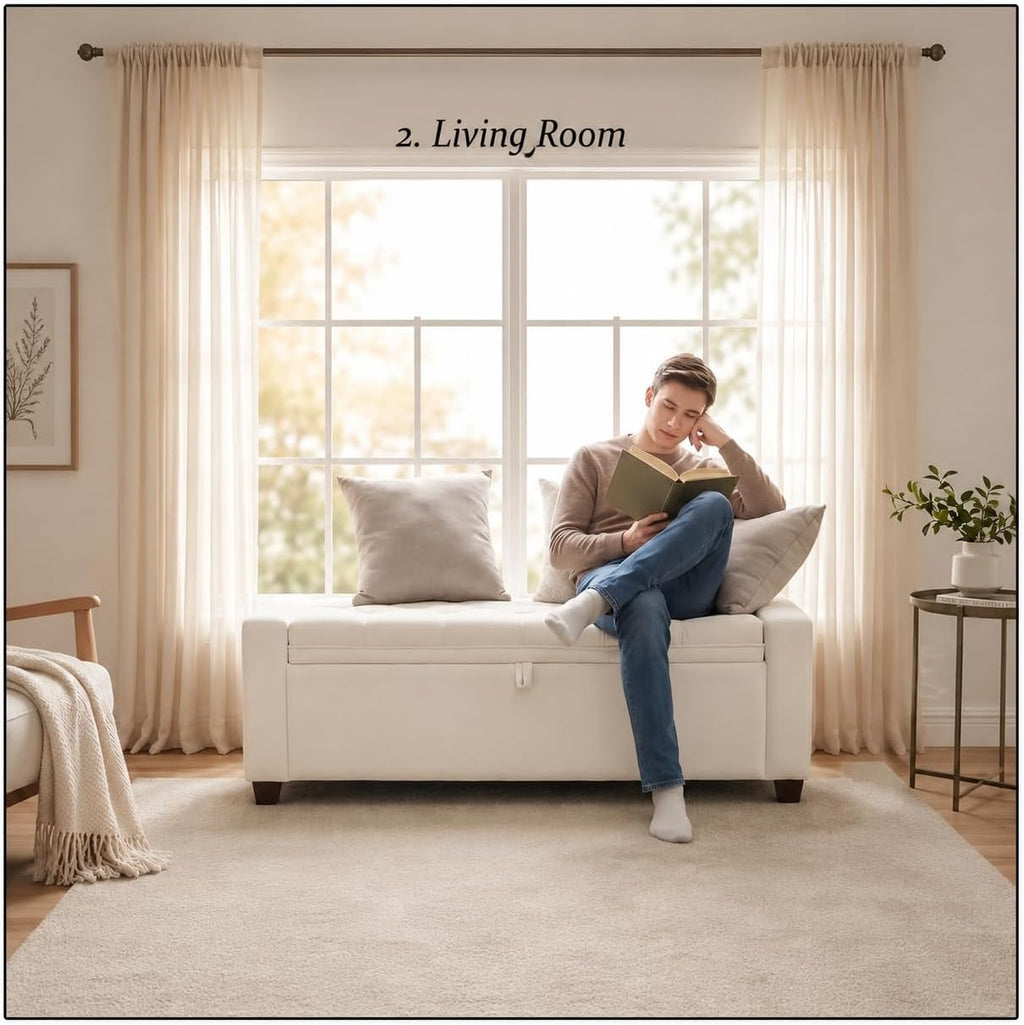 Storage Ottoman Bench for Bedroom, End of Bed Bench with Hidden Storage, Upholstered Tufted Linen Ottoman with Safety Hinge, Bedroom Bench with Storage, 43 Inch, 350lb, Linen Beige