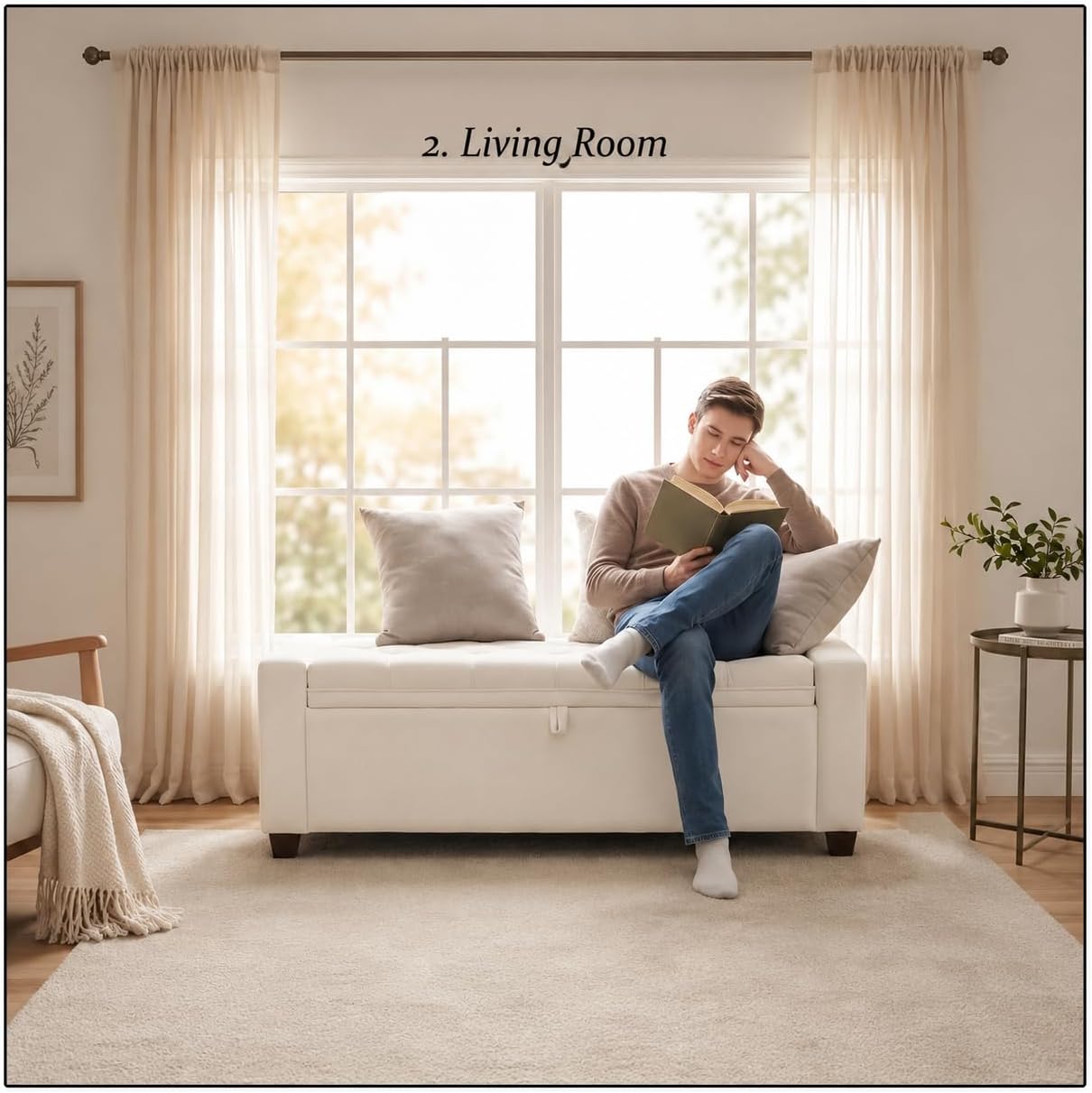 Storage Ottoman Bench for Bedroom, End of Bed Bench with Hidden Storage, Upholstered Tufted Linen Ottoman with Safety Hinge, Bedroom Bench with Storage, 43 Inch, 350lb, Linen Beige
