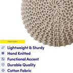 Pouf Ottoman Foot Rest Stuffed – 20” Diameter x 14” Tall Cozy Floor Pouf for Living Room, Bedroom, Nursery & More – 100% Cotton Knit Shell, EPS Bead Filled Footrest & Accent Chair, Beige