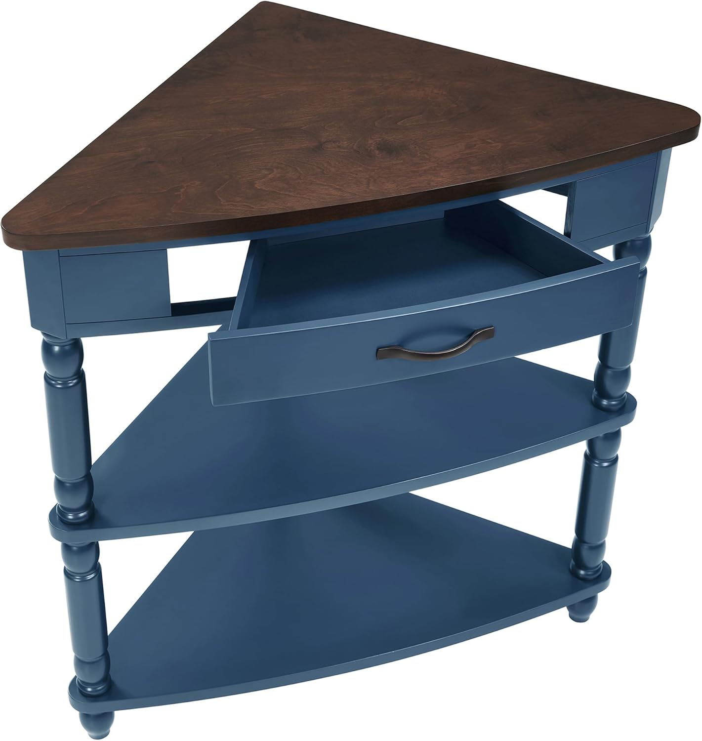 33.8'' Small Triangle Corner Table,3 Tier End Table with Open Shelf and Solid Wood Legs,Wood Corner Side Table with 1 Storage Drawer for Bedroom,Living Room,Small Spaces (Navy Blue-14)
