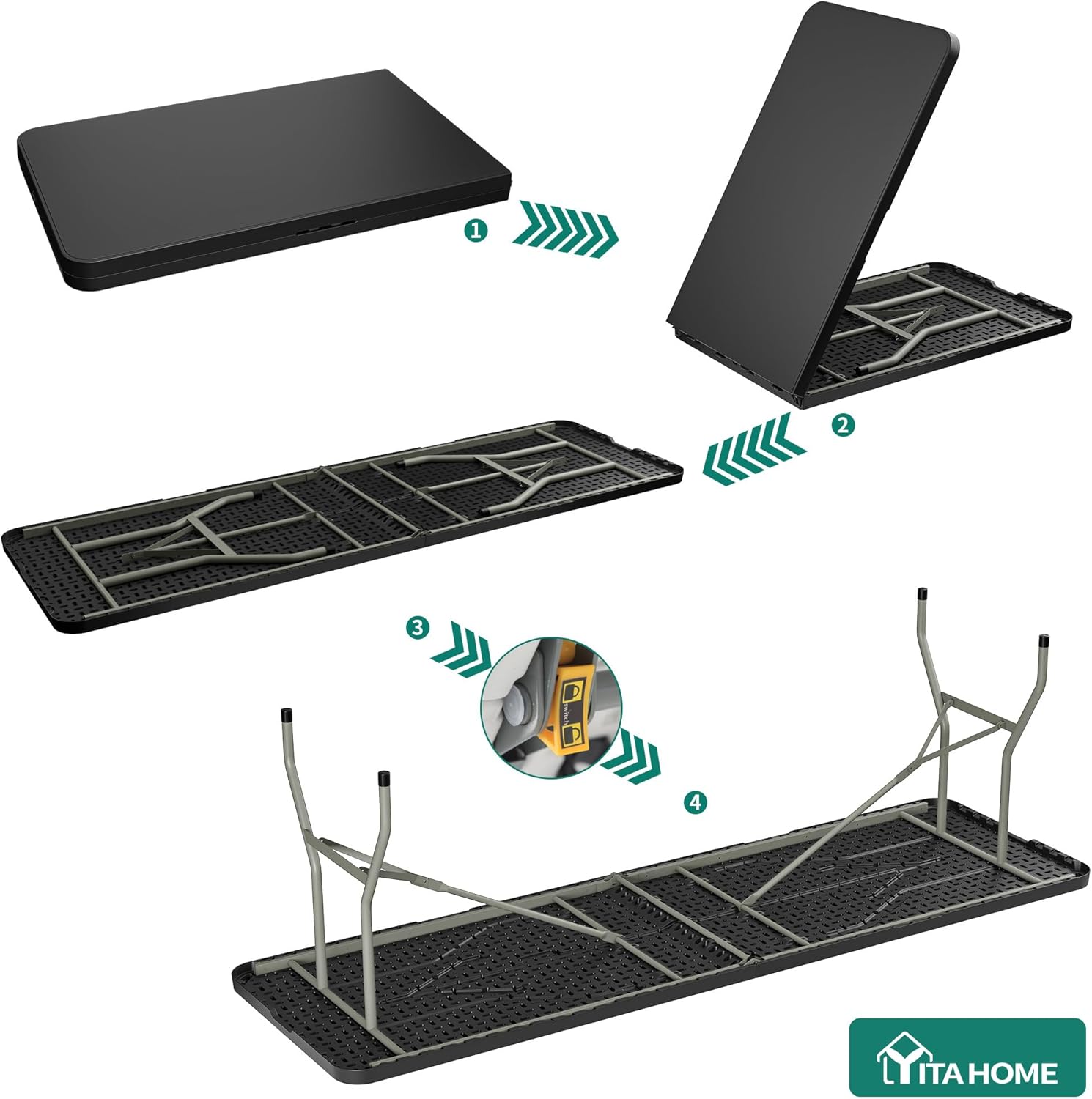 YITAHOME Folding Table Heavy Duty, Black Plastic Table 8Ft Long, Portable Rectangular Resin Table for Outdoor Indoor Party Banquet Event Dining Wedding