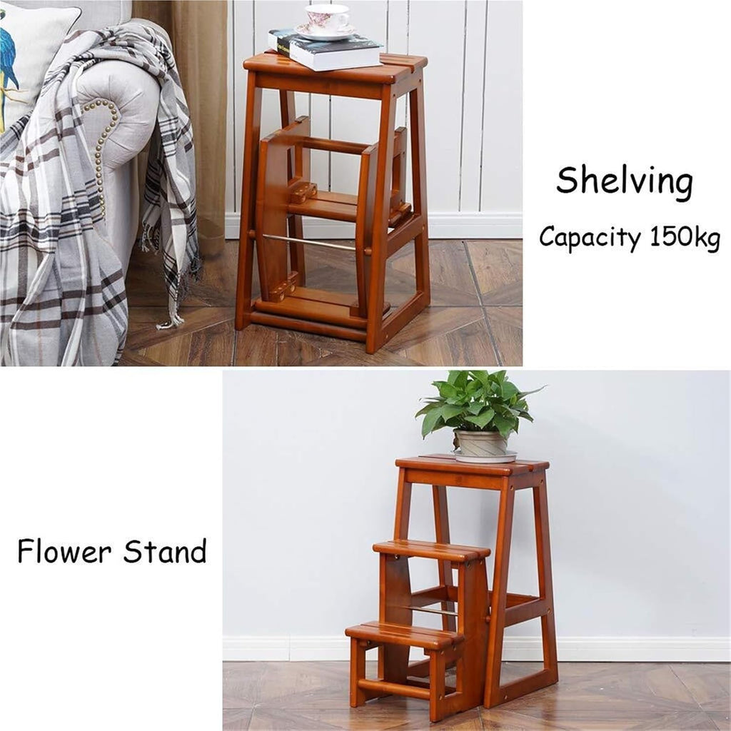 Step Stool White Foldable Step Ladder 3 Steps - Lightweight Wooden Ladder with Safety Features - Multipurpose for Home, Library & Loft