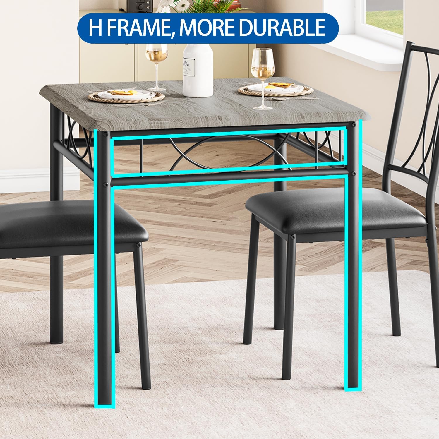 GarveeHome Small Dining Table Set for 2, Square Table and Chairs Set of 2, 3 Piece Kitchen Table Set of 2 with Upholstered Chairs, Dinner Table Set for 2 for Small Spaces, Apartment, Rustic Gray