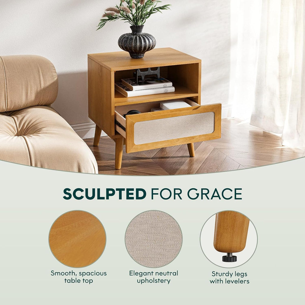 Bme Calista Nightstand 1 Drawer – Solid Wood Teak Brown Finish Bedside Table with Open Shelf & Fabric Panel Drawer, Mid-Century Modern Style with Tapered Legs, Easy Assembly