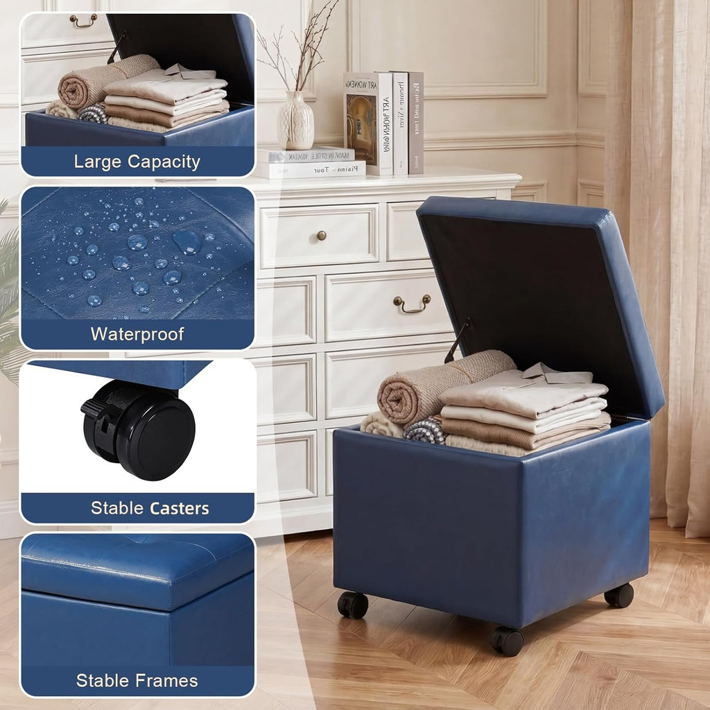 Homebeez Faux Leather Storage Ottoman with Steerable Rolling Wheels, 17.7" Square Small Foot Rest Stool Tufted Cube Footstool with Hinged Lid, Load 300 lb, for Living Room, Bedroom, Entryway, Blue