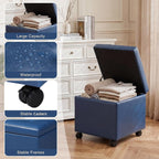 Homebeez Faux Leather Storage Ottoman with Steerable Rolling Wheels, 17.7" Square Small Foot Rest Stool Tufted Cube Footstool with Hinged Lid, Load 300 lb, for Living Room, Bedroom, Entryway, Blue