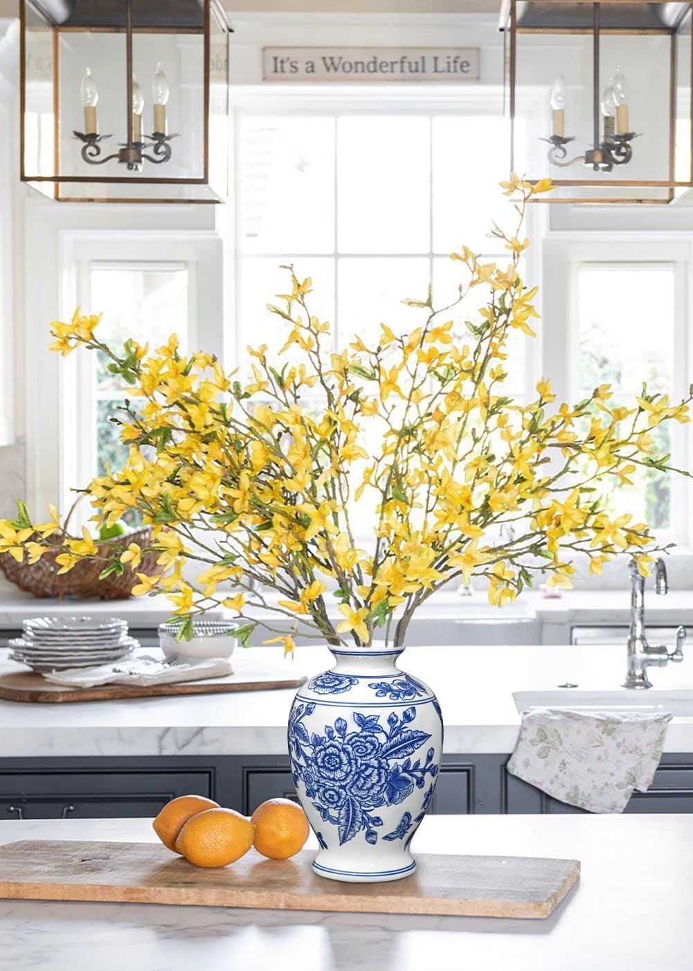 Blue and White Vase, Ceramic Vase for Home Decor 9.4" Chinoiserie Vases for Flowers Blue and White Porcelain Flower Vases for Living Room, Bathroom, Dinner Table Centerpieces