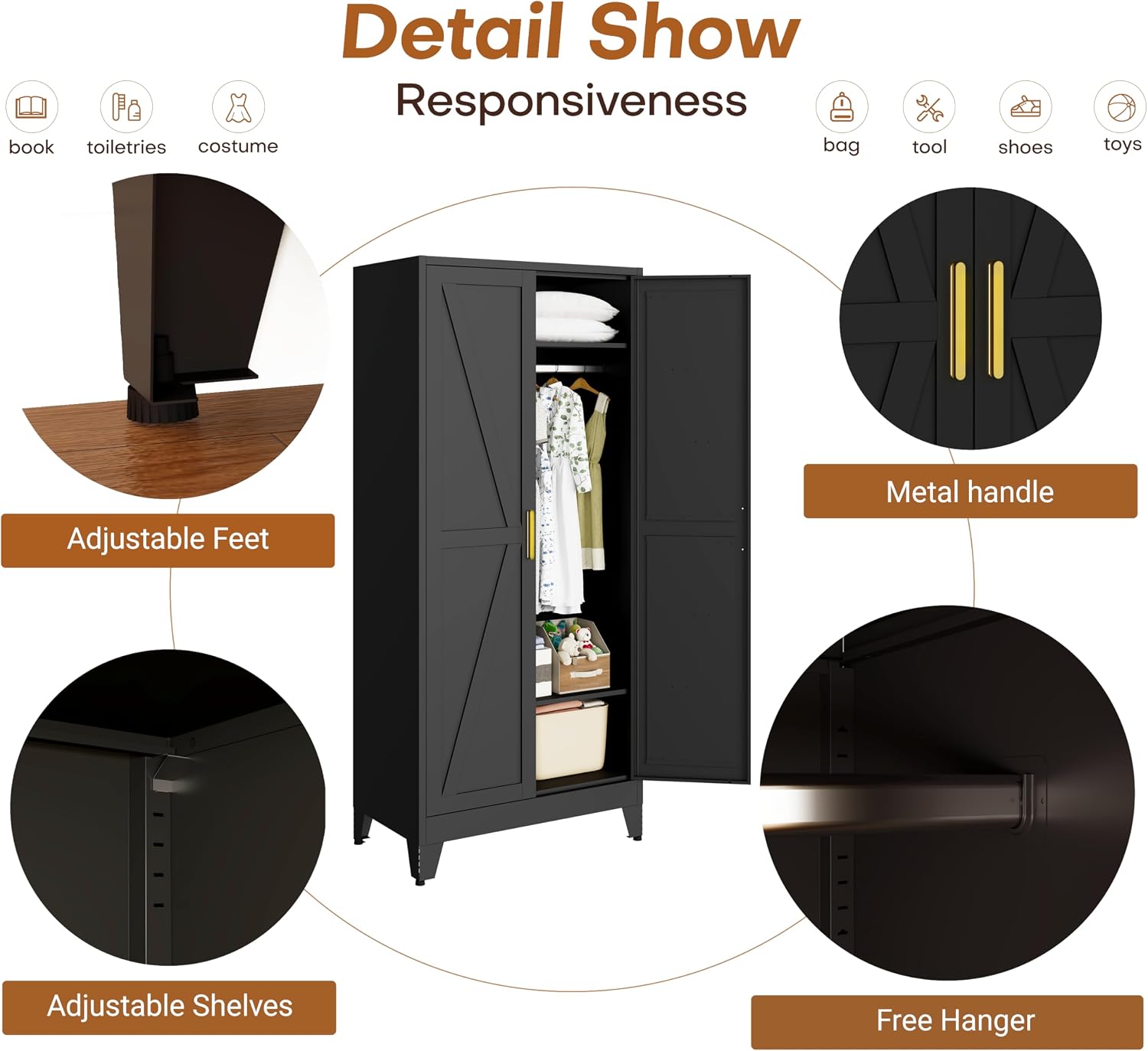 71" Armoire Wardrobe Closet, Metal Wardrobe Closet with Hanging Rod | Wardrobe Closet with Doors, Wardrobe Cabinet with Adjustable Shelves, Clothing Storage Cabinet for Bedroom, Office, Black