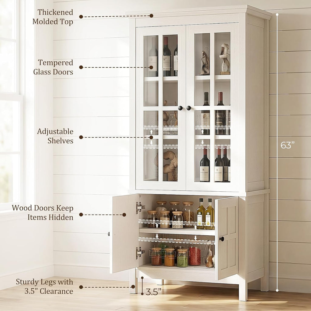 63" Kitchen Pantry Cabinet with Glass Doors & Hidden Storage, Farmhouse Display Kitchen Hutch Cupboard with Adjustable Shelves for Dining Room, Living Room Home Office, Rustic White
