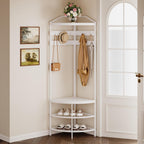 GiftGo Corner Hall Tree with Shoe Bench Entryway Coat Rack with 10 Metal Movable Hooks Freestanding Clothes Rack Shoes Shelf Organizer for Home Office Bedroom (White)