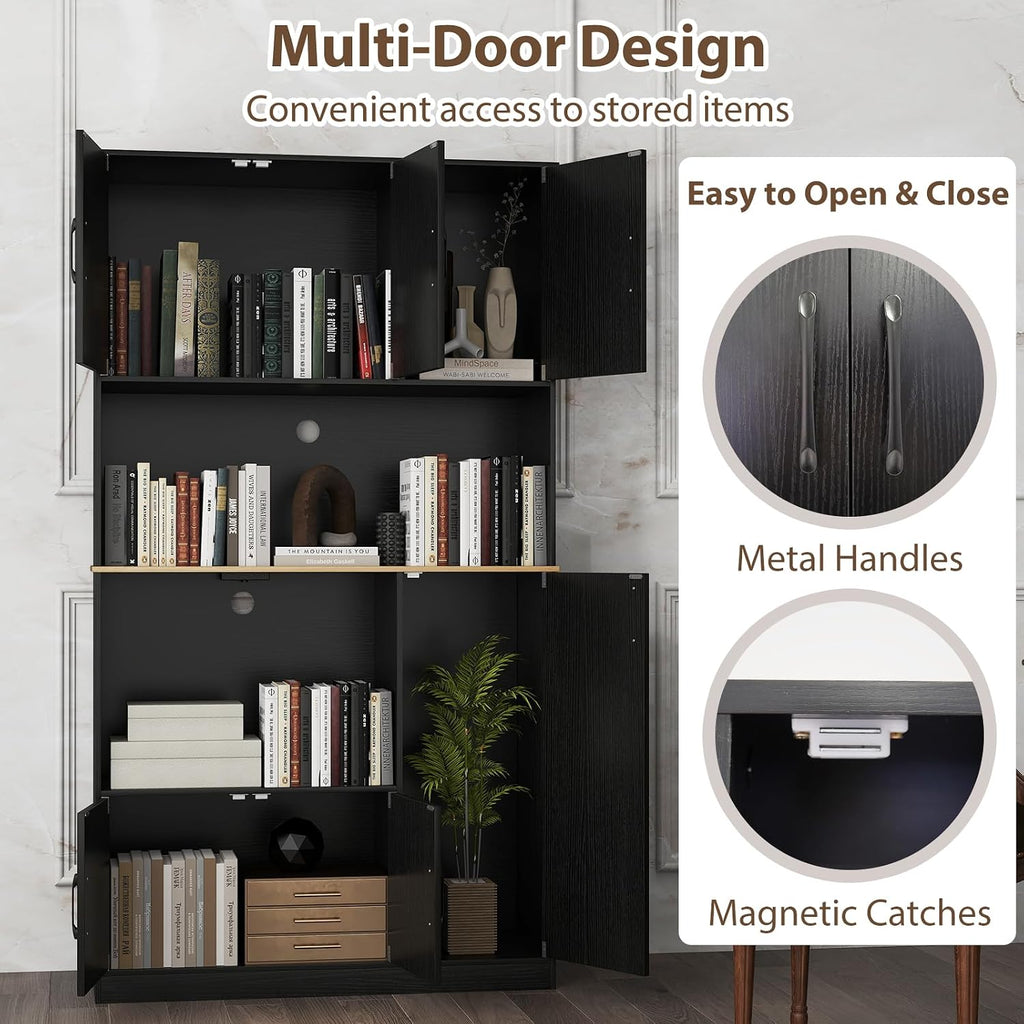 LOKO 71” Tall Kitchen Pantry Cabinet with Charging Station, Wooden Buffet Cupboard Sideboard with Microwave Stand & Doors, Modern Storage Cabinet for Dining Room, Living Room (Black)