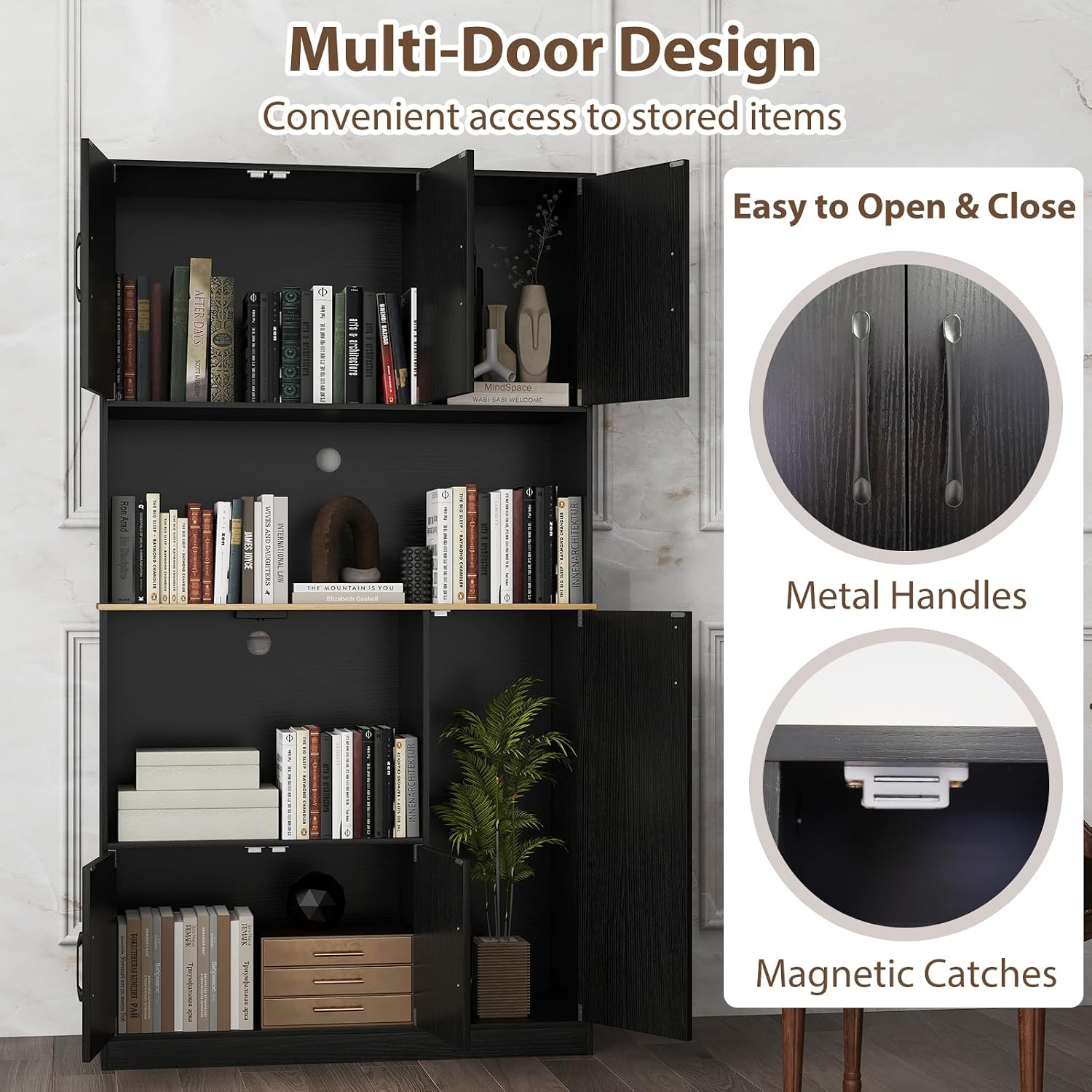 LOKO 71” Tall Kitchen Pantry Cabinet with Charging Station, Wooden Buffet Cupboard Sideboard with Microwave Stand & Doors, Modern Storage Cabinet for Dining Room, Living Room (Black)