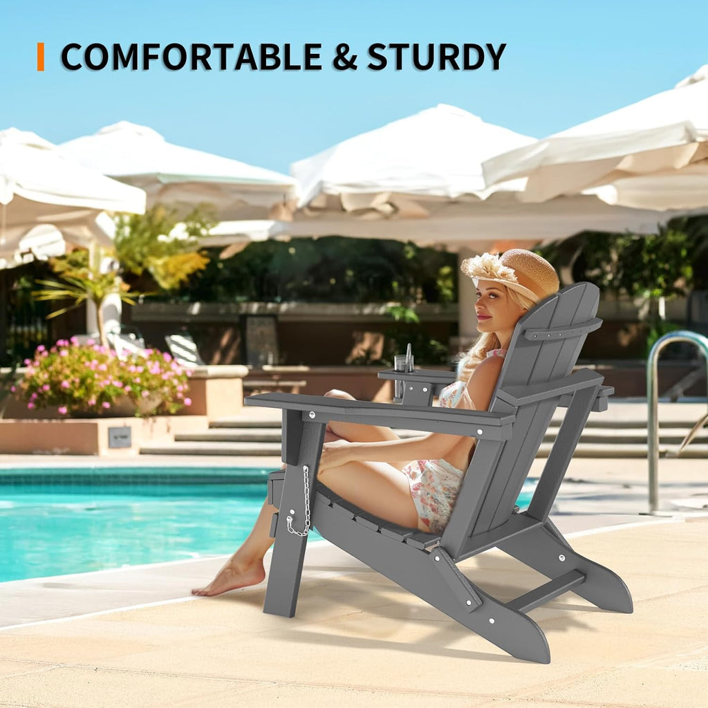 VINGLI Plastic Adirondack Chairs Set of 2, Folding with Cup Holder, Waterproof HDPE Material, Comfortable 380lb Weight Capacity for Outdoor Pool Patio Lounge Chair Lawn Furniture Firepit (Gray)