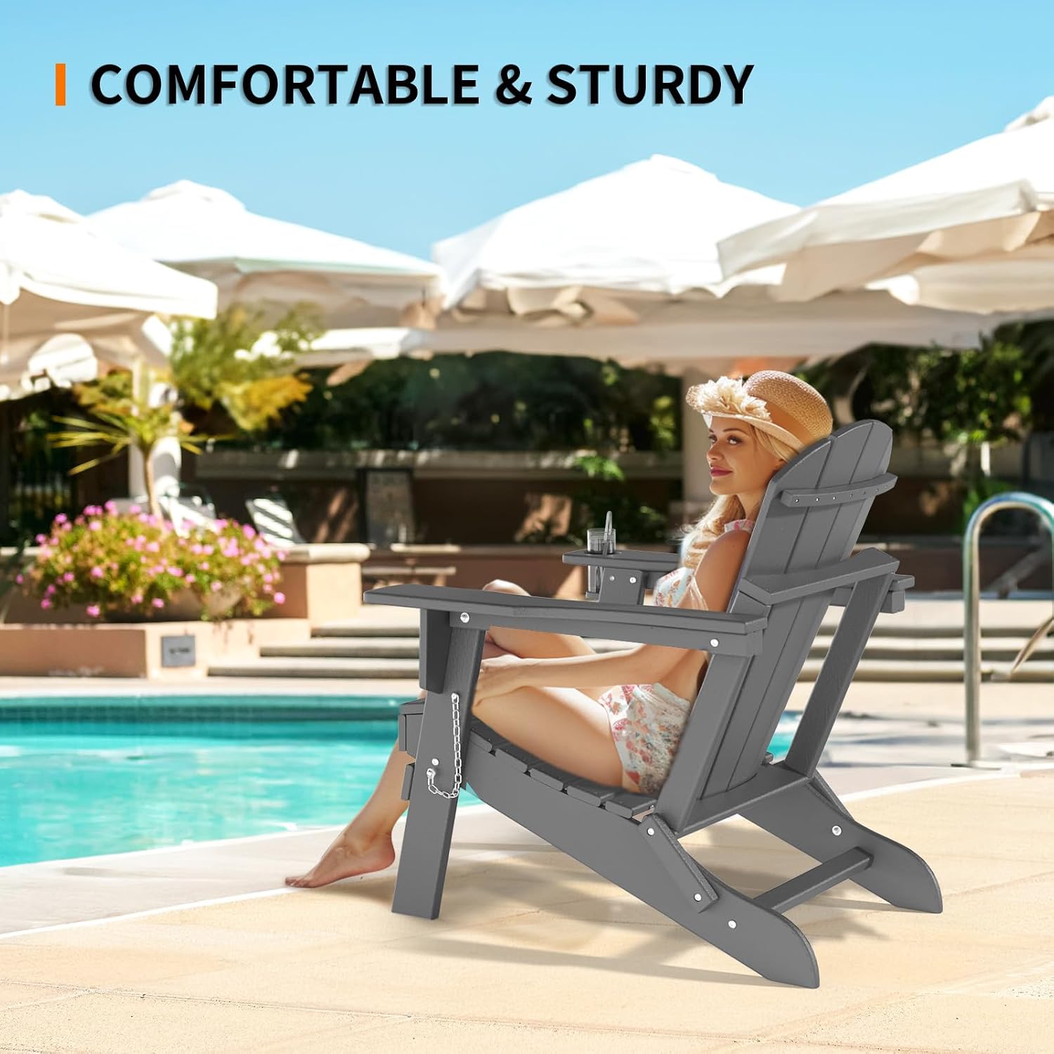 VINGLI Plastic Adirondack Chairs Set of 2, Folding with Cup Holder, Waterproof HDPE Material, Comfortable 380lb Weight Capacity for Outdoor Pool Patio Lounge Chair Lawn Furniture Firepit (Gray)