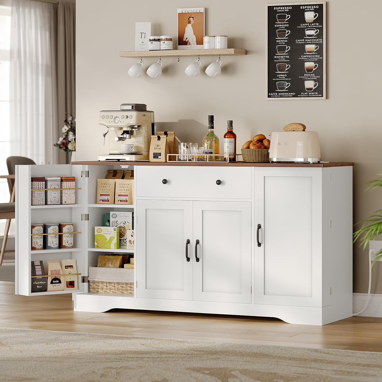 Brinlawb Buffet Cabinet with Storage & Charging Station, 53" Farmhouse Coffee Cabinet with Compartment Drawer, Sideboard Cabinets with Door and Adjustable Shelves for Kitchen, White