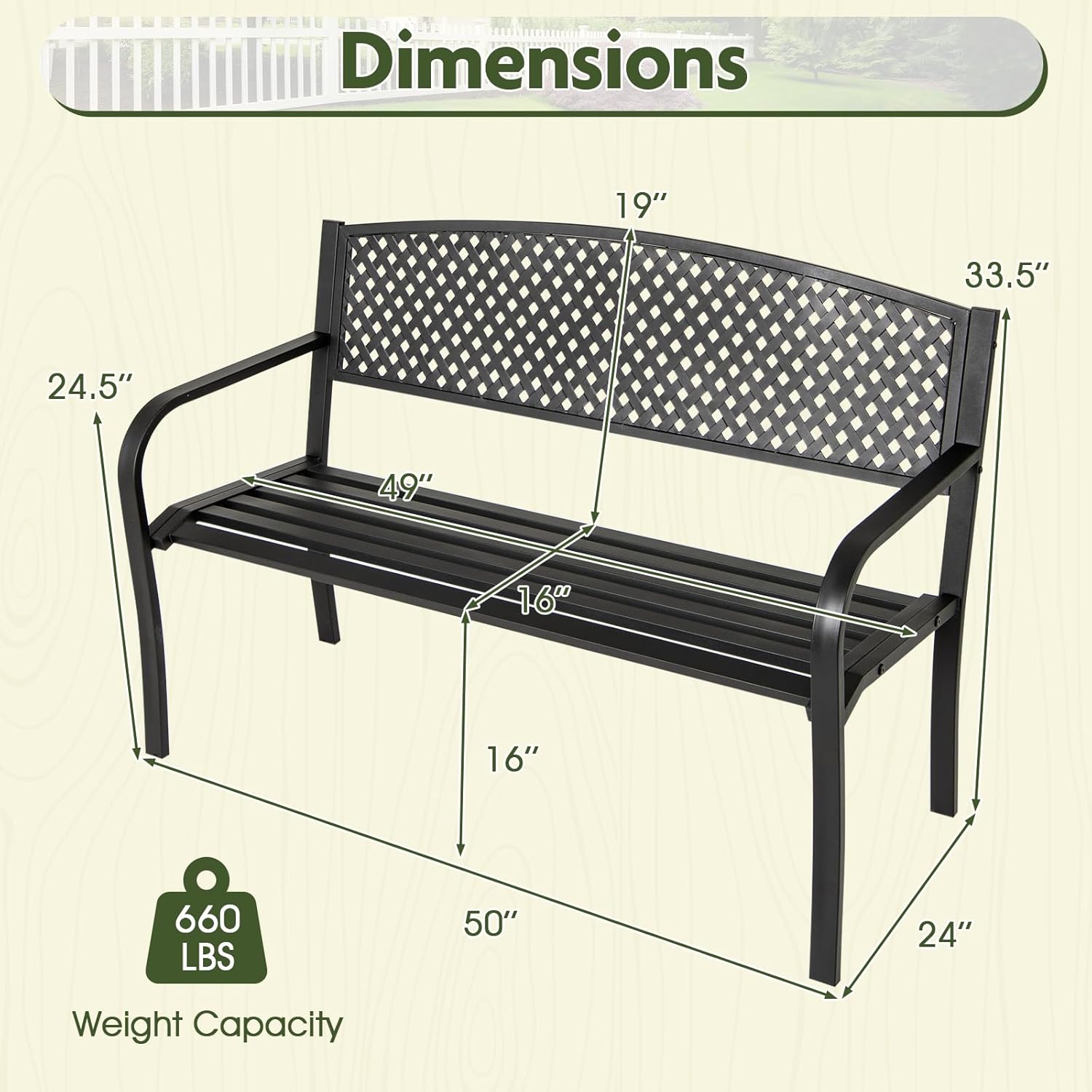 Giantex Metal Outdoor Bench with Mesh Pattern Backrest, Curved Armrests, Load 660Lbs, Slatted Seat for 2-3 Persons, Heavy-Duty Garden Bench for Patio, Backyard, Poolside, Porch, Park (50"×24"×33.5")