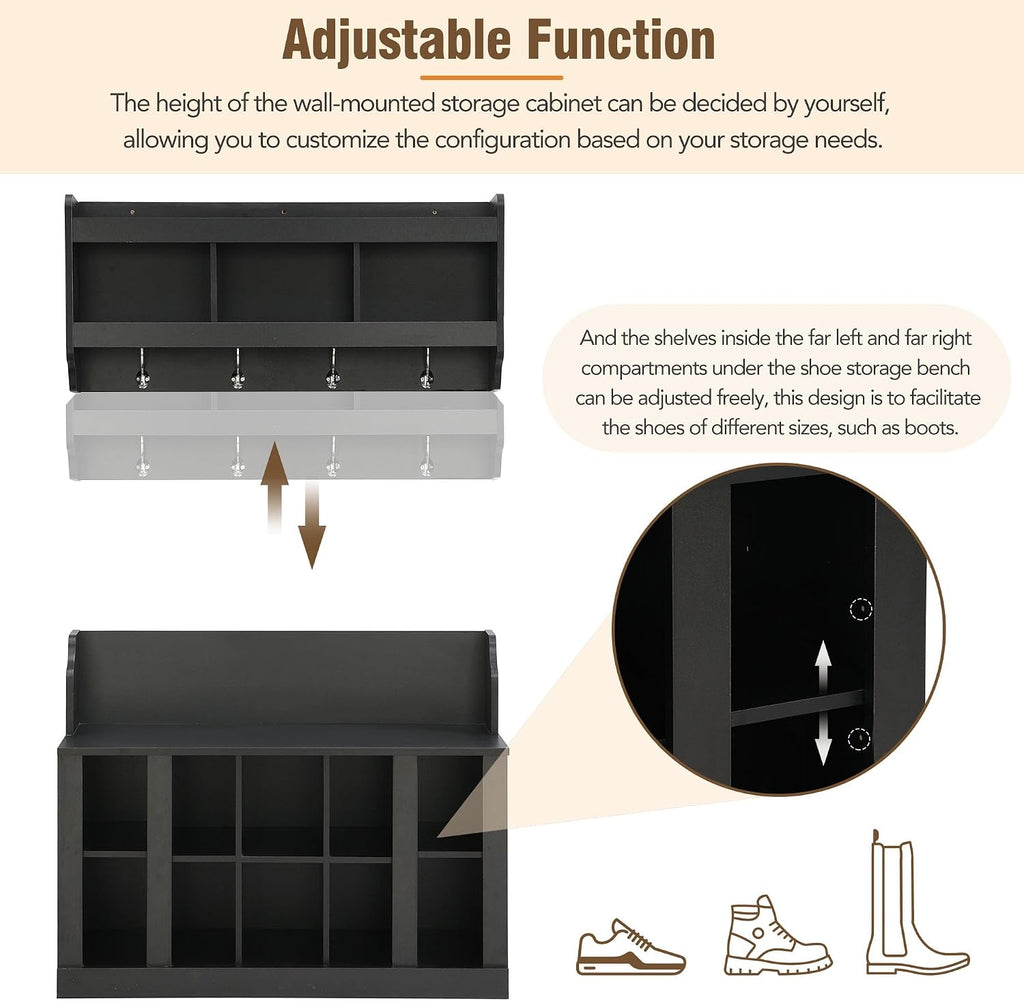 Shoe Storage Bench with Shelves and 4 Hooks, Elegant Hall Tree with Shoes Cubbies and Wall Mounted Coat Rack, Entryway Organizer For Hallway, Foyer, Mudroom, Black