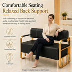 Waiting Room Bench with Backrest and Metal Armrests, Faux Leather Upholstered Reception Bench, Padded Seat for Salon, Office, Lobby, Barber Shop, Apartment(Black-Silver Frame,59.1*21.6*28.7in)