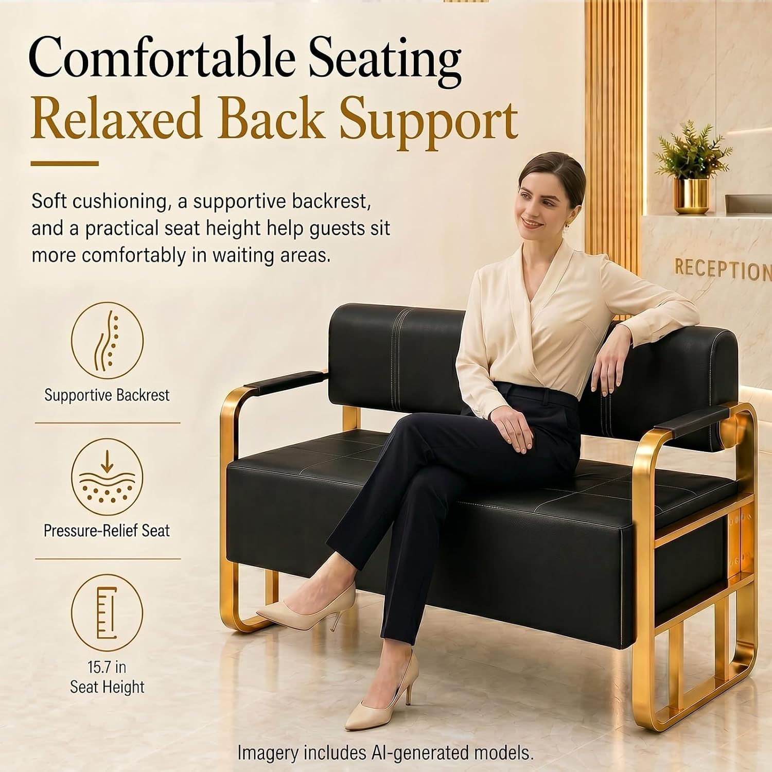 Waiting Room Bench with Backrest and Metal Armrests, Faux Leather Upholstered Reception Bench, Padded Seat for Salon, Office, Lobby, Barber Shop, Apartment(Black-Silver Frame,59.1*21.6*28.7in)