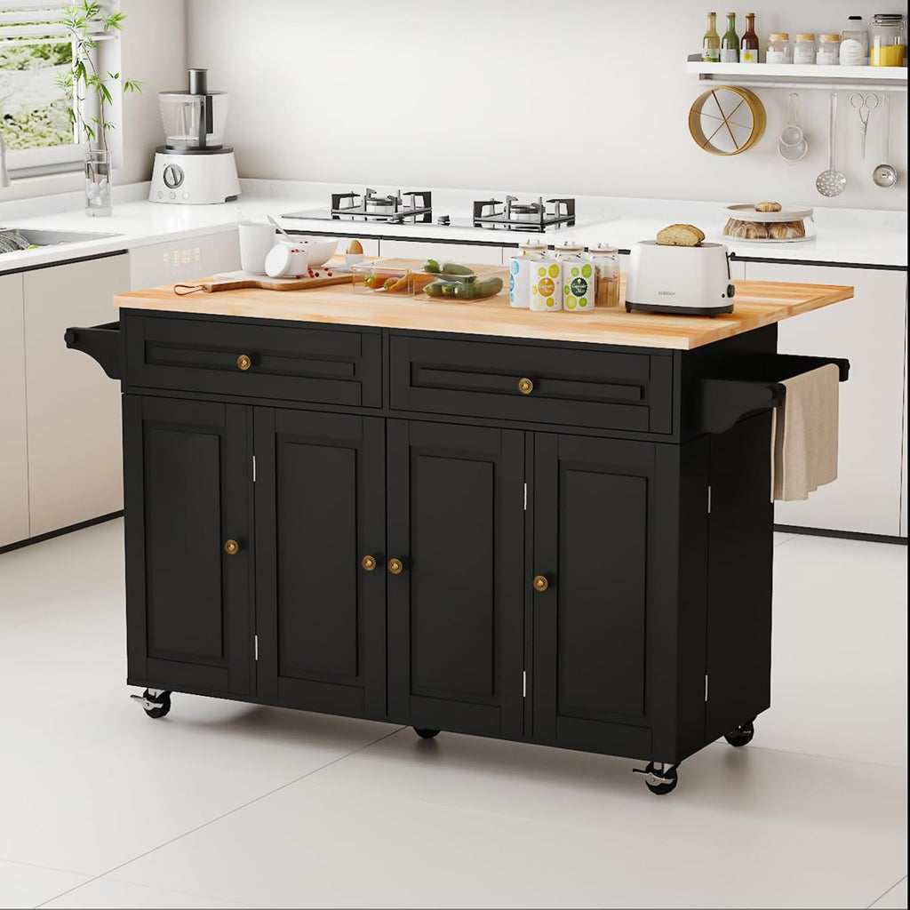 JassmiPkwy 59’’ Rolling Kitchen Island Cart with Drop Leaf and Power Outlet, Movable Kitchen Islands with 3-Tier Door Storage Shelf, Island Table on Wheels, 2 Large Drawers, Towel Racks, Black
