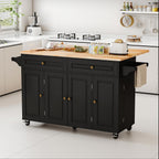 JassmiPkwy 59’’ Rolling Kitchen Island Cart with Drop Leaf and Power Outlet, Movable Kitchen Islands with 3-Tier Door Storage Shelf, Island Table on Wheels, 2 Large Drawers, Towel Racks, Black
