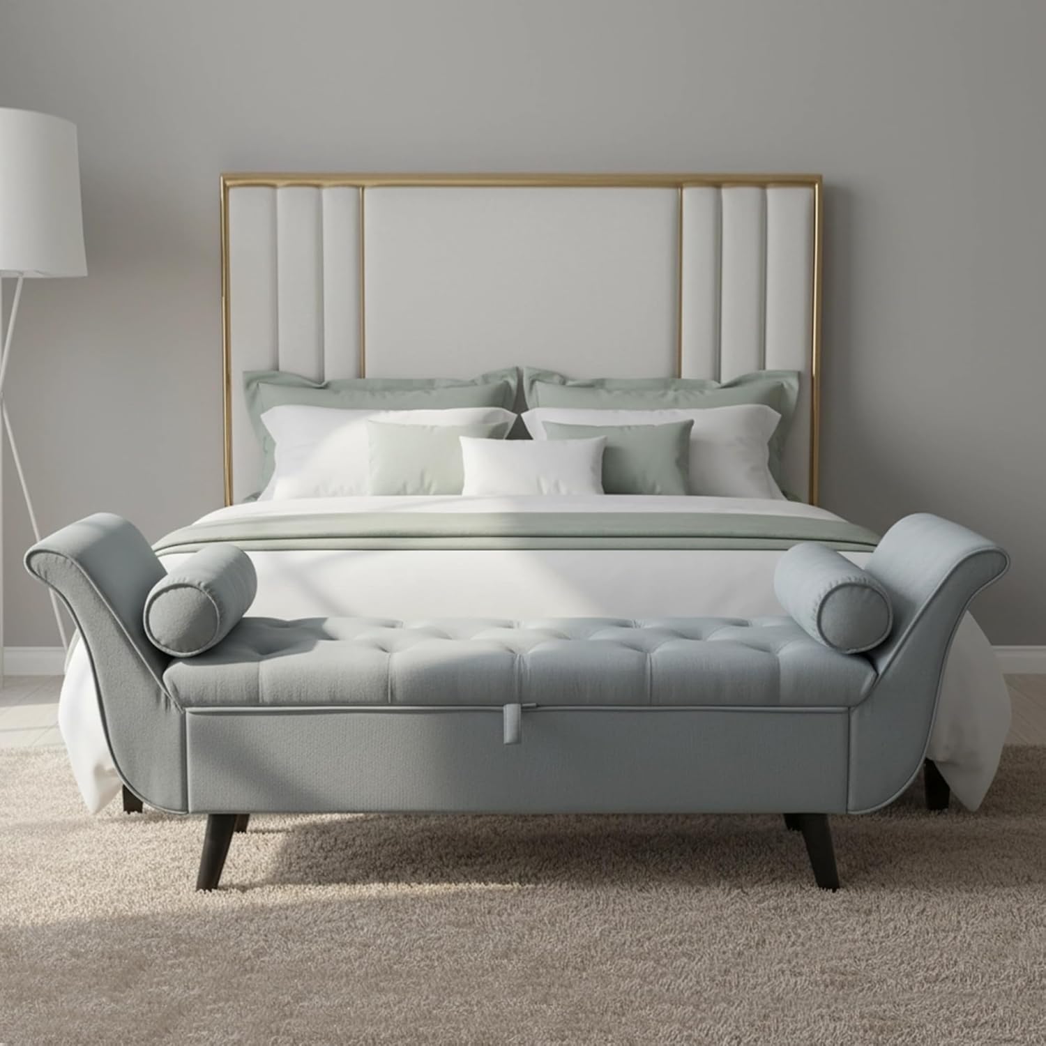 Velvet Bench for Bedroom End of Bed, 60.5 inch Upholstered Button Tufted Ottoman Bench with Rolled Arms, Button-Tufted Ottoman for Living Room, Entryway (Light Grey)