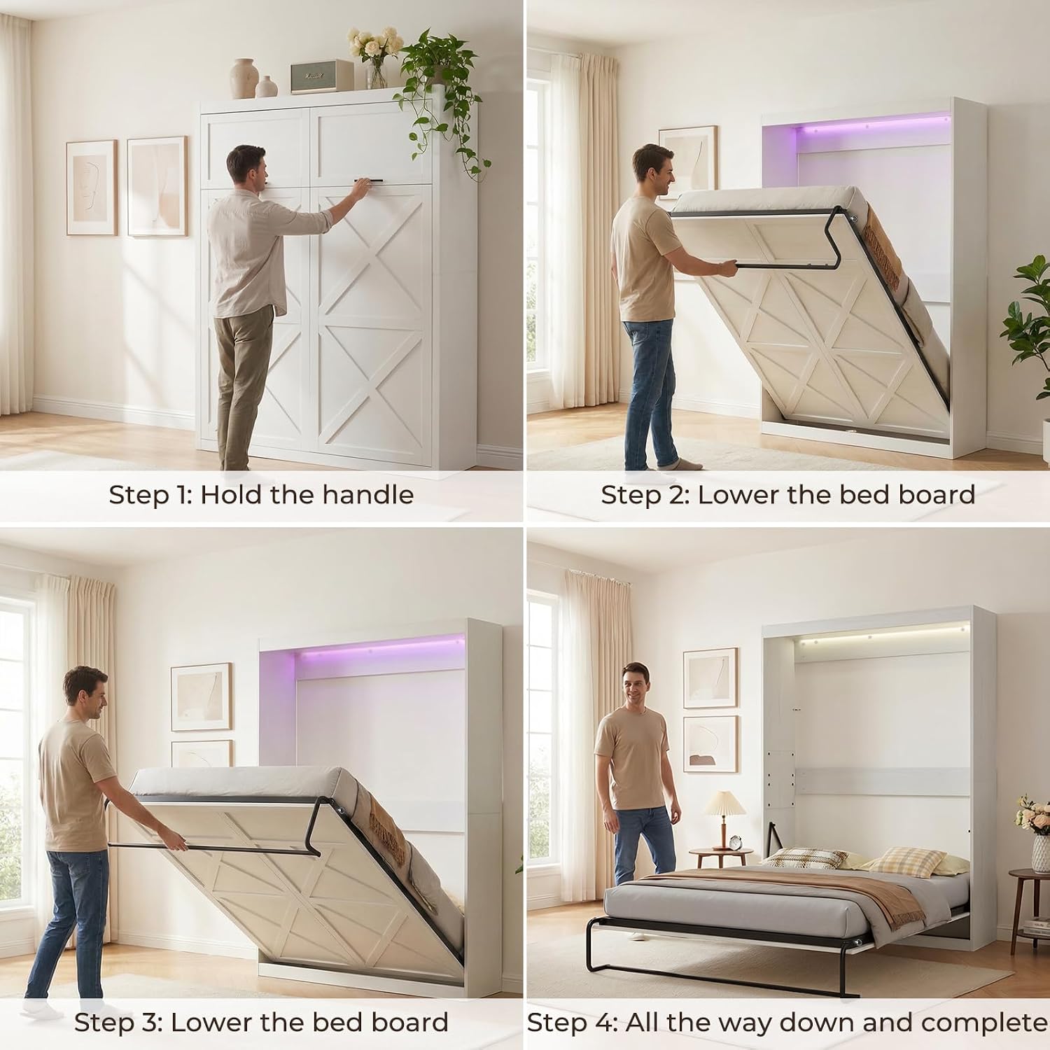 Mjkone Queen Murphy Bed, Cabinet Beds Queen Size, Modern Hidden Murphy Wall Chest Beds with Space-Saving Design, Adults Cabinet Guest Bed with 16 Colors of LED Lights for Bedroom, Apartment - White