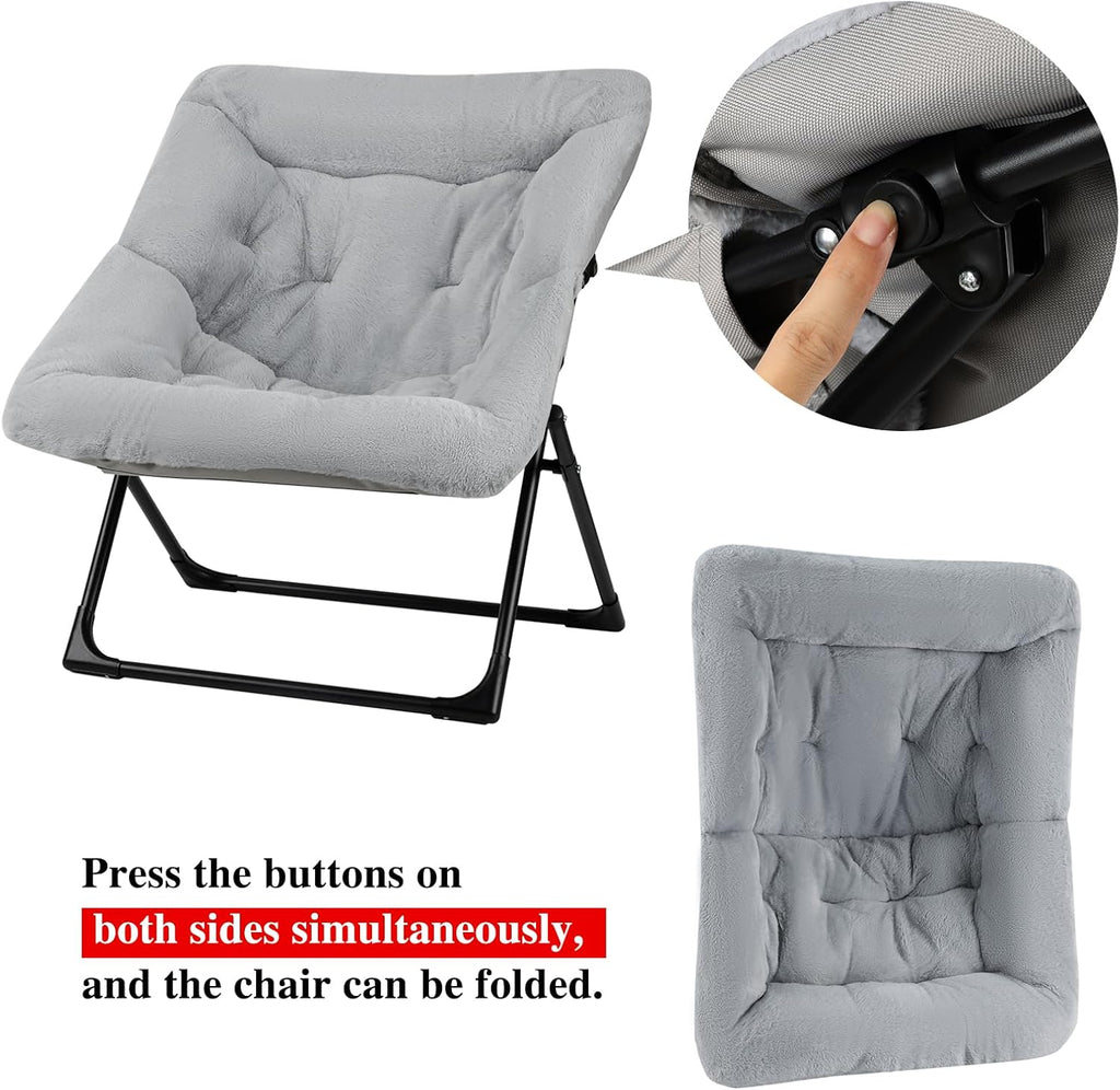 Comfy Saucer Chair for Adults, Soft Faux Fur Bedroom Chair, Accent Dorm Chairs, Flexible Living Room Reading Chairs, Oversized Folding Seat for Teens, X-Large, Grey